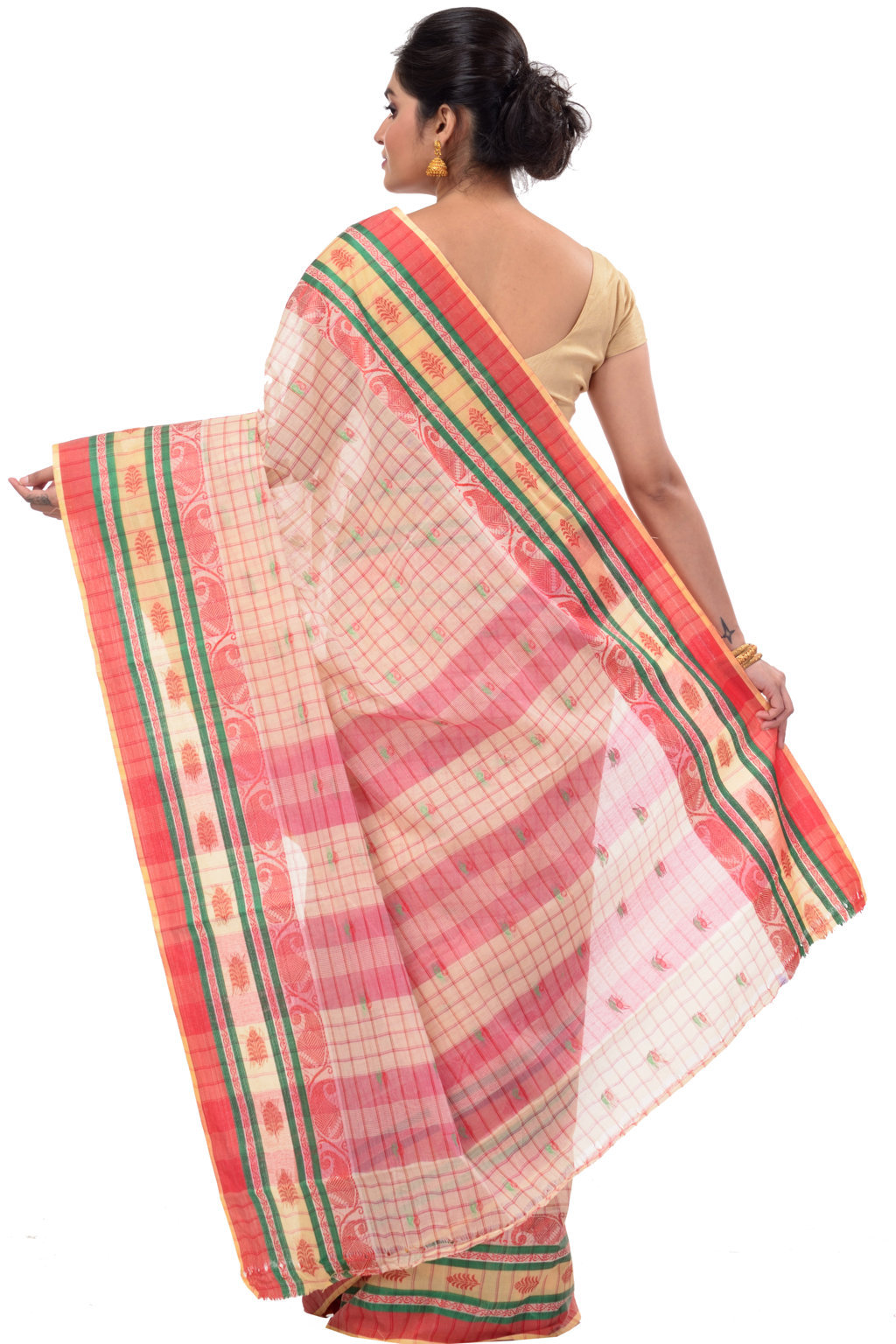 White Pure Cotton ChakButi Tant Saree (126)